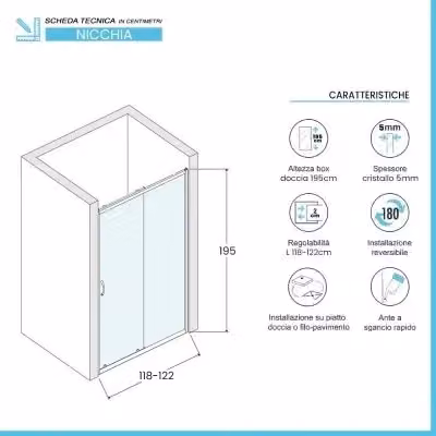 Porta doccia a nicchia scorrevole Tay INBAGNO in vetro trasparente con profilo cromo L: 120 cm, H: 195 cm, P: 5 cm – 2