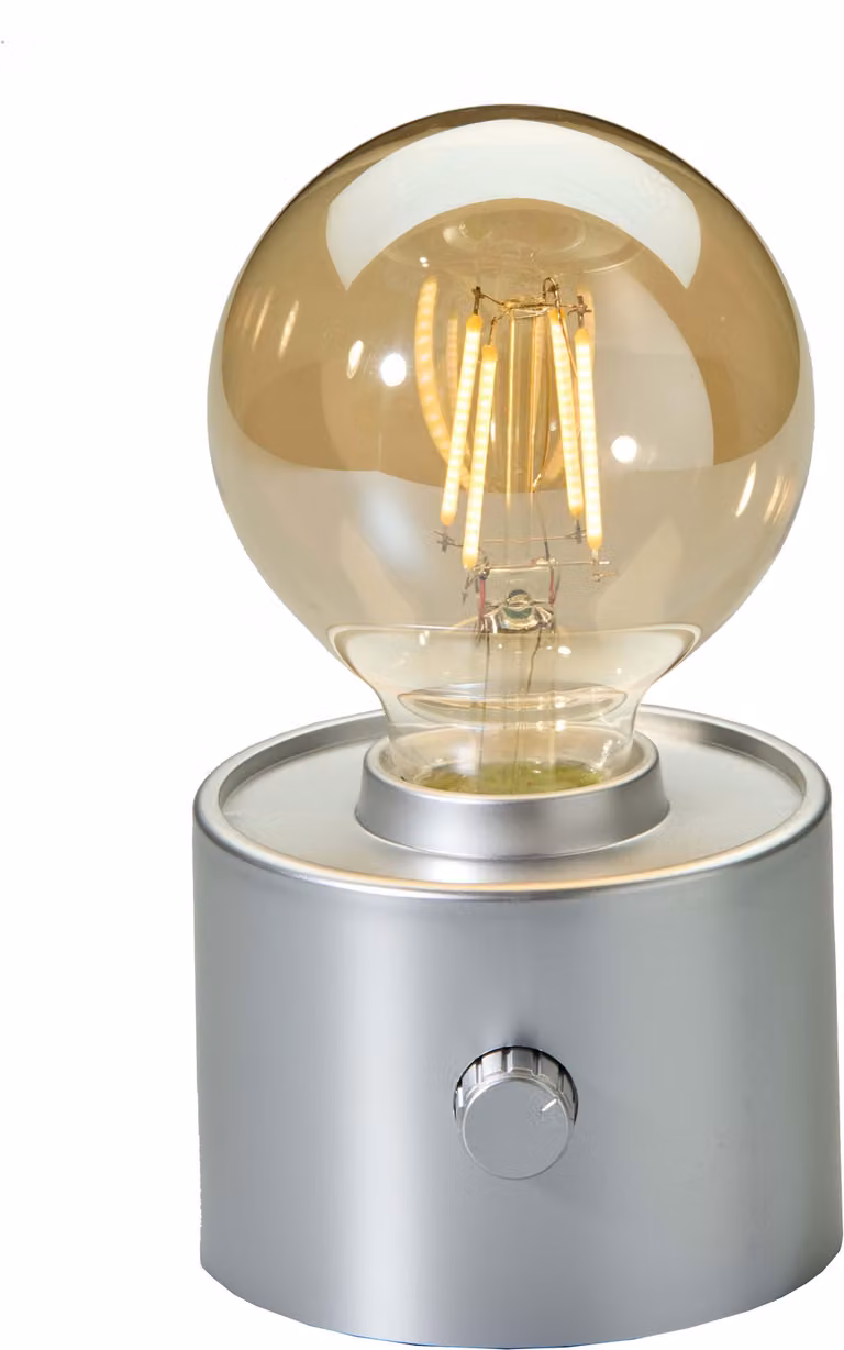 Lampadina vintage a batteria Edison Lampada da tavolo LED USB-C dimmerabile con interruttore rotante - decorazione moderna argento opaco
