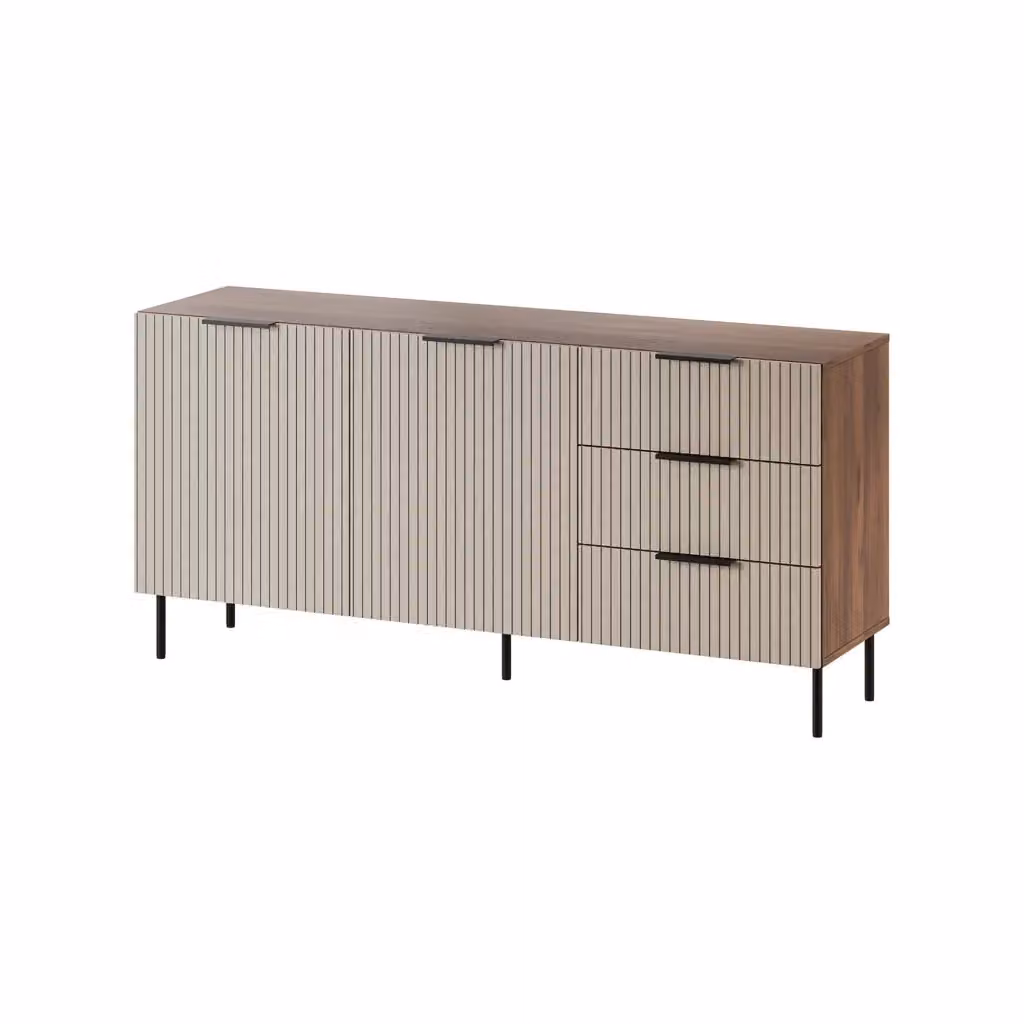 Madia da salotto DMORA Credenza Monzuno con due ante battenti e tre cassetti, Noce e Beige, L: 156 cm, P: 42 cm, H: 75 cm – 2