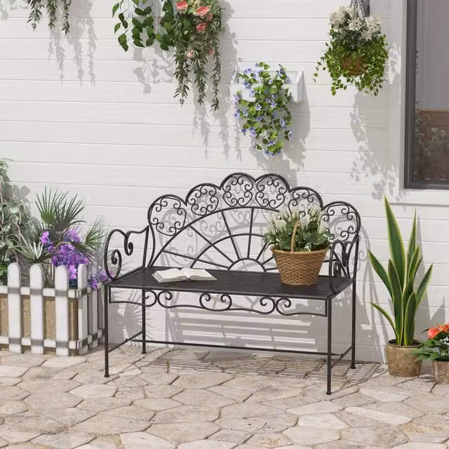 Panchina da giardino WISHDOR a 2 posti in acciaio verniciato nero con braccioli L/P/H: 107 x 55,5 x 90,5 cm