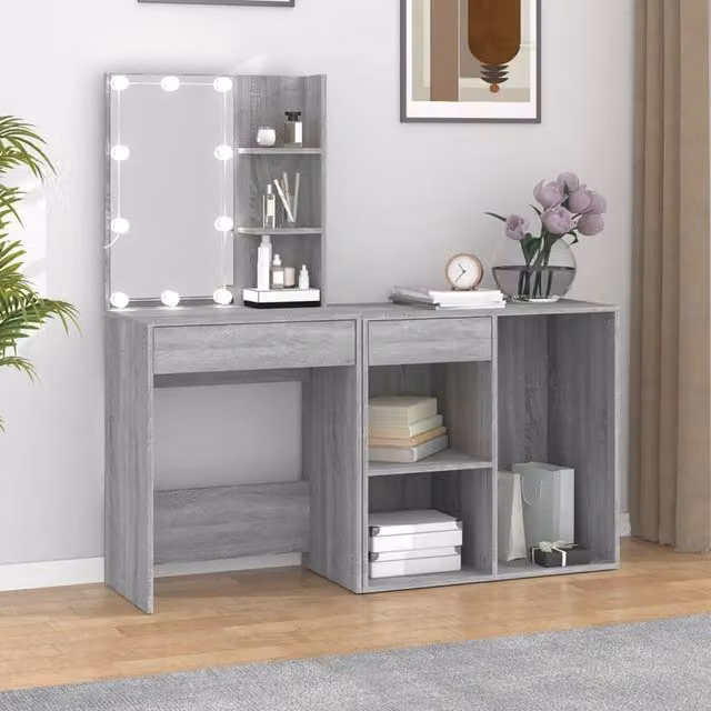 Toeletta Hollywood con LED e Armadietto Grigio in MDF e Legno Multistrato