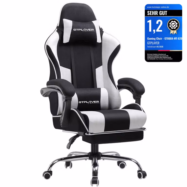 GTPLAYER sedia da ufficio sedia da gioco in tessuto poltrona da gioco Sedia da gioco ergonomica con poggiapiedi, poggiatesta cuscino lombare, sedia da gioco imbottita, bianco