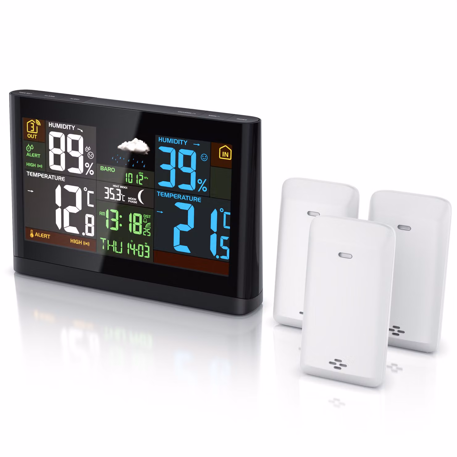 Stazione meteo wireless BEARWARE con display a colori, stazione meteo wireless con 3 sensori esterni, pressione dell'aria, andamento della temperatura, previsioni del tempo