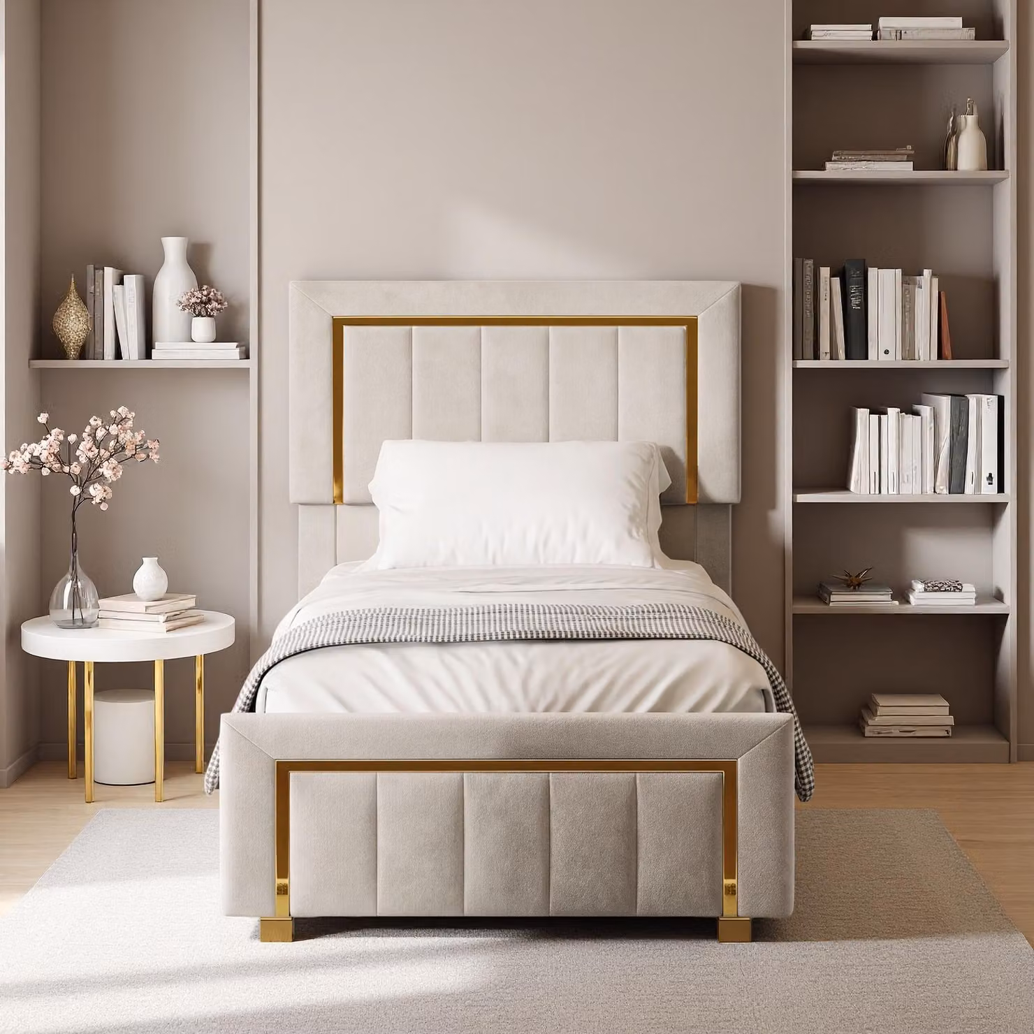 Letto imbottito INONEFT 90x200 con spazio contenitore, letto a molle con cassone a sollevamento idraulico e poggiatesta regolabile, letto per ragazzi, in velluto, senza materasso, color beige