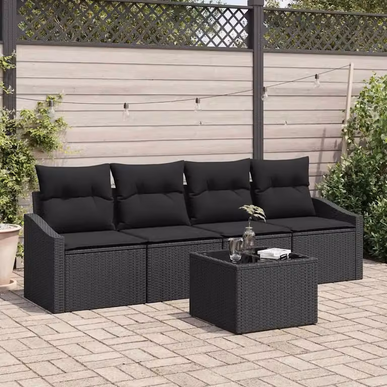 Set di divani da giardino vidaXL in polyrattan nero con cuscini inclusi