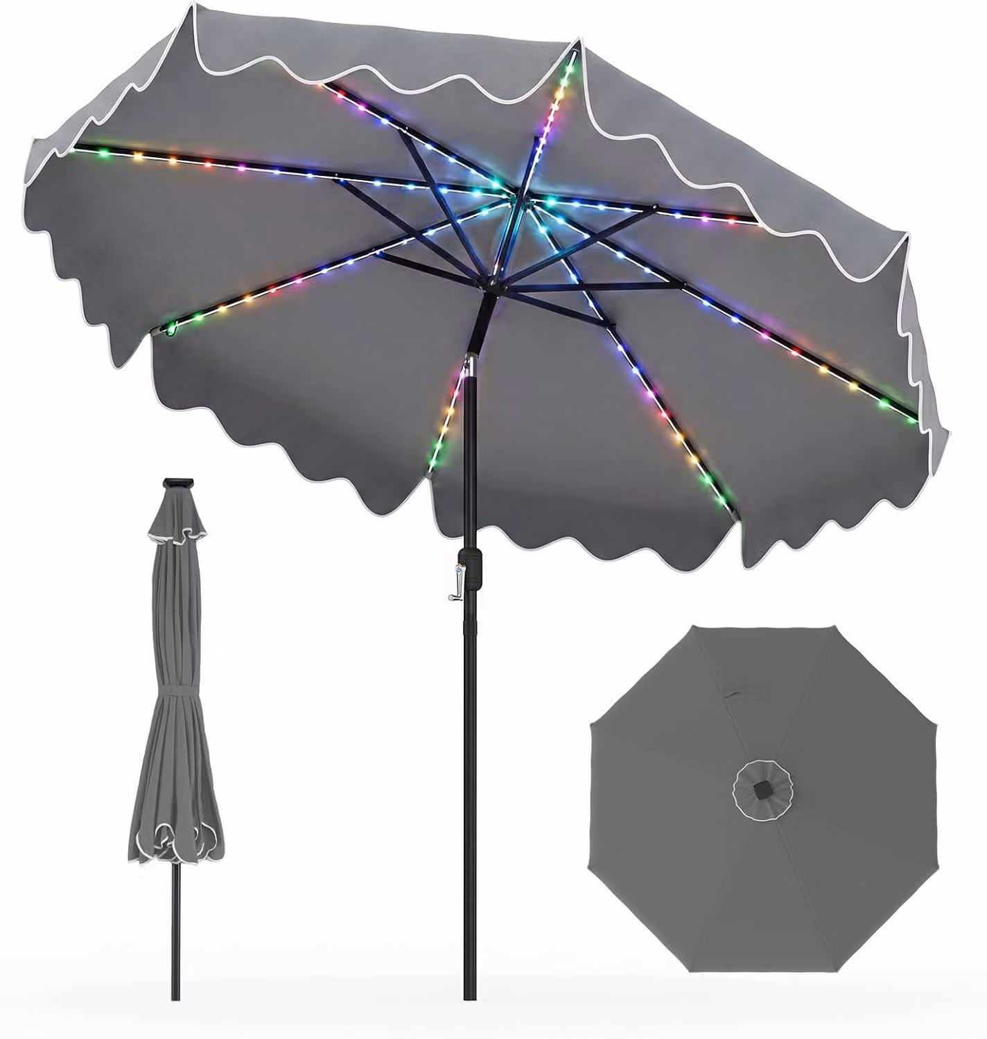 Ombrellone da giardino KOMFOTTEU, 280 cm, 104 LED, inclinabile, in metallo, con protezione UV, con manovella, ideale per terrazza e piscina