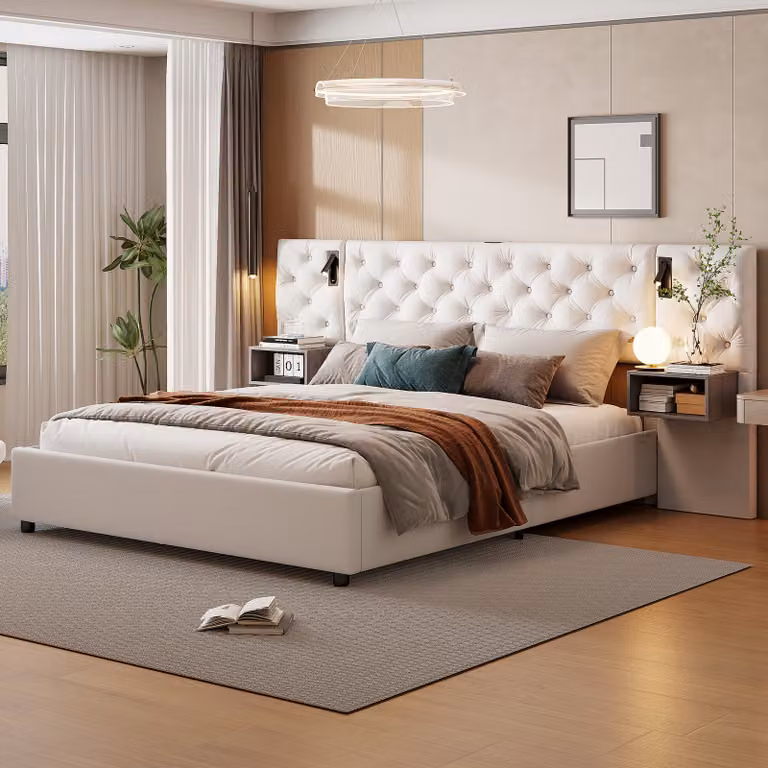 Letto imbottito Fortuna Lai 140x200cm con USB e lampada da lettura, letto a molle con rete a doghe, letto matrimoniale con contenitore, letto contenitore funzionale, velluto, beige