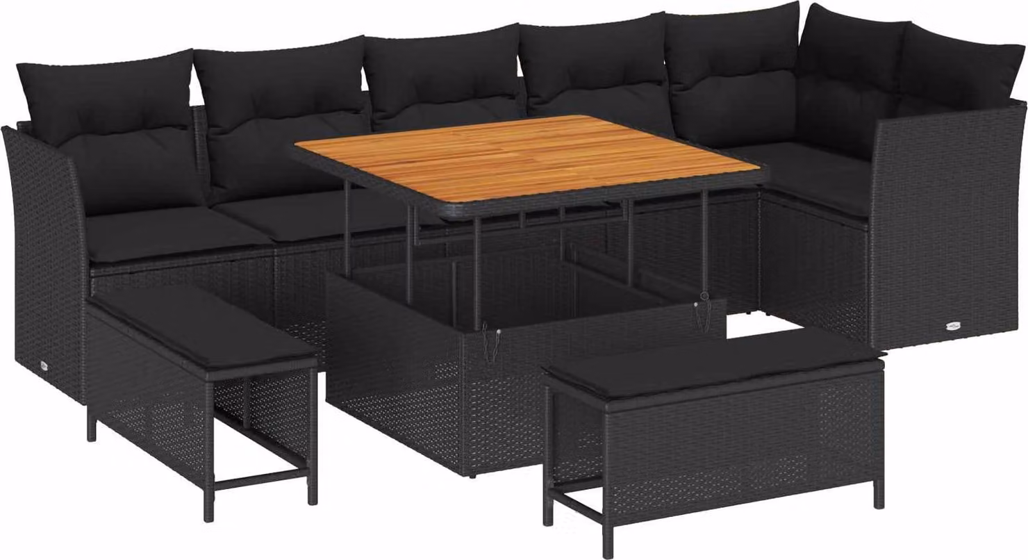 Set Divano da Giardino 9 pcs Nero polyrattan