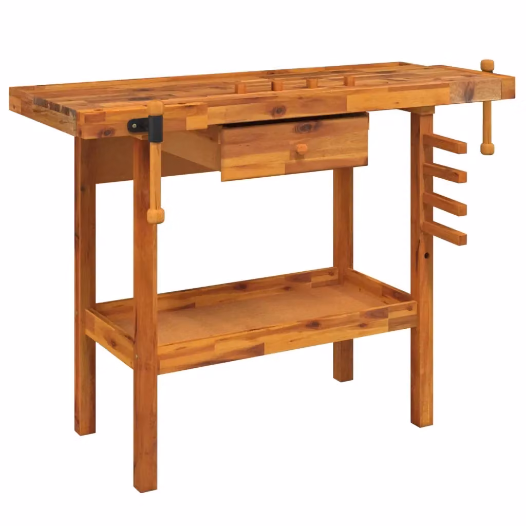 Banco da lavoro vidaXL in legno di acacia marrone con cassetto e morsa L: 124 cm, P: 52 cm, H: 83 cm – 2