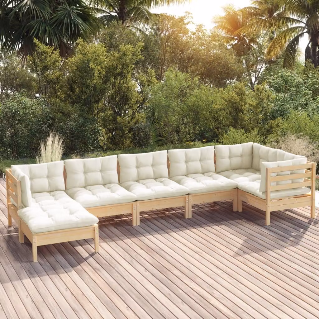 The Living Store Set da salotto da giardino 7 pezzi con cuscini crema in legno di pino massiccio