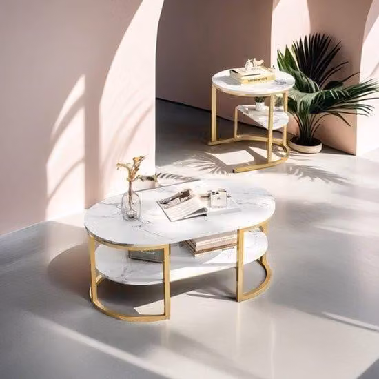 Tavolino da soggiorno rotondo – Set da 2 – Design moderno – Vetroceramica effetto marmo e struttura in metallo – Salvaspazio – Stabile fino a 30 kg
