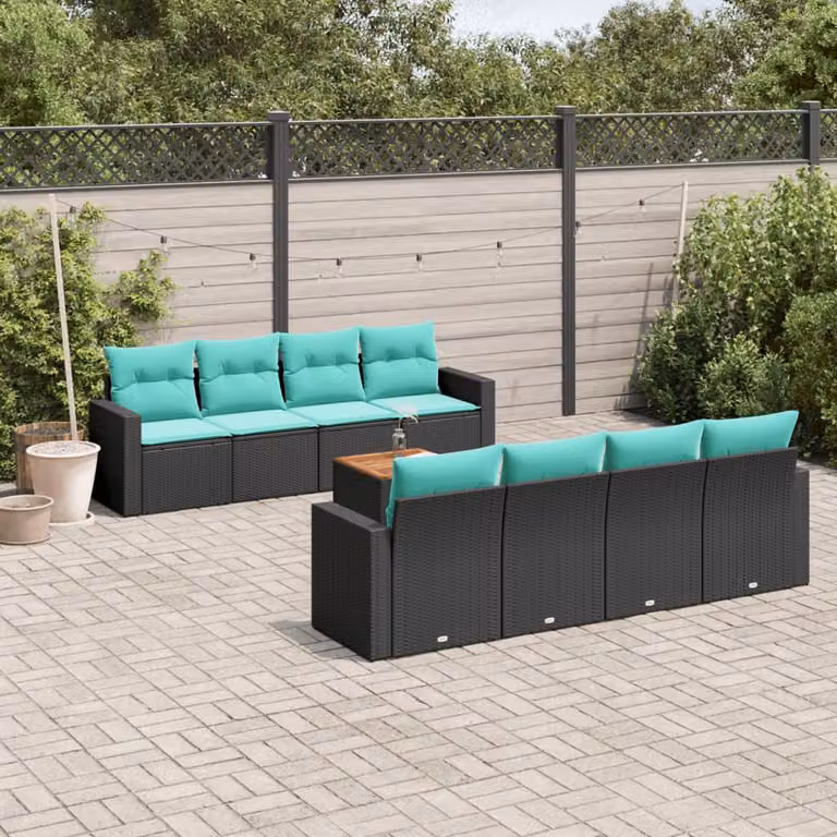 Set di divani da giardino vidaXL 9 pezzi in polyrattan nero con cuscini blu e struttura in legno di acacia oliato