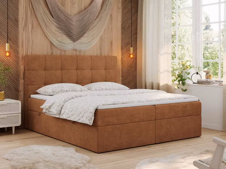 Letto boxspring MKS MEBLE 160x200 con materasso, letto con materasso Multipocket H4 e topper, letto imbottito 160x200 con contenitore e testiera, ERNI - Arancione Strutturato