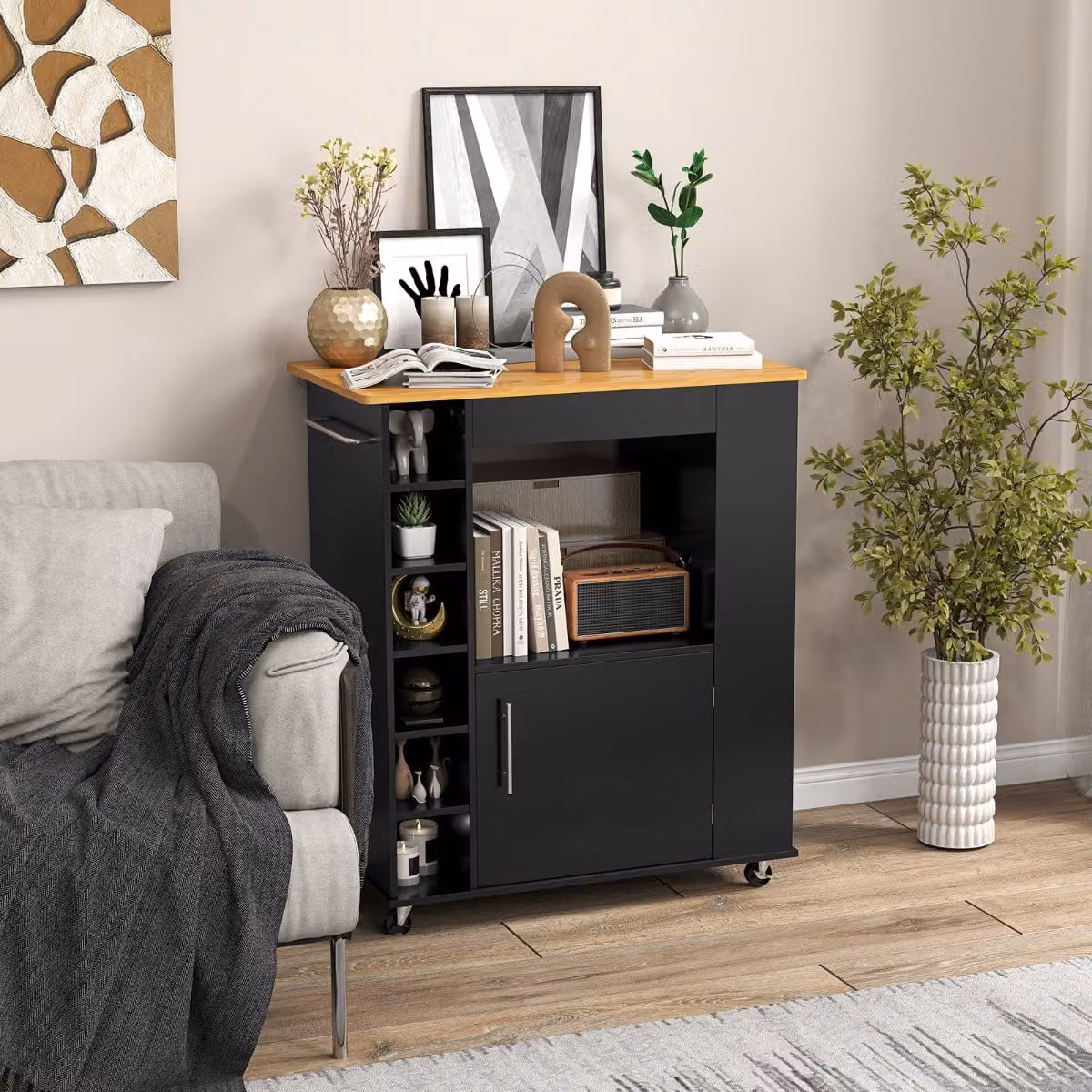Isola da cucina con ruote e portabottiglie Costway con piano in bambù, Carrello nero L: 76 cm, P: 44 cm, H: 89 cm