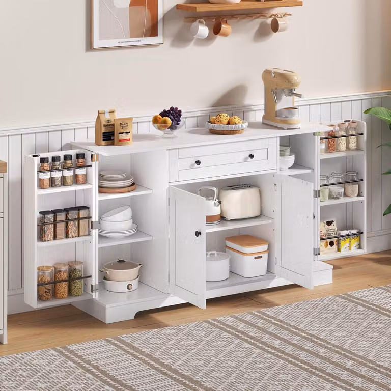 Credenza da cucina con cassetto e ante a ripiano, dimensioni 138x40x85 cm, colore bianco