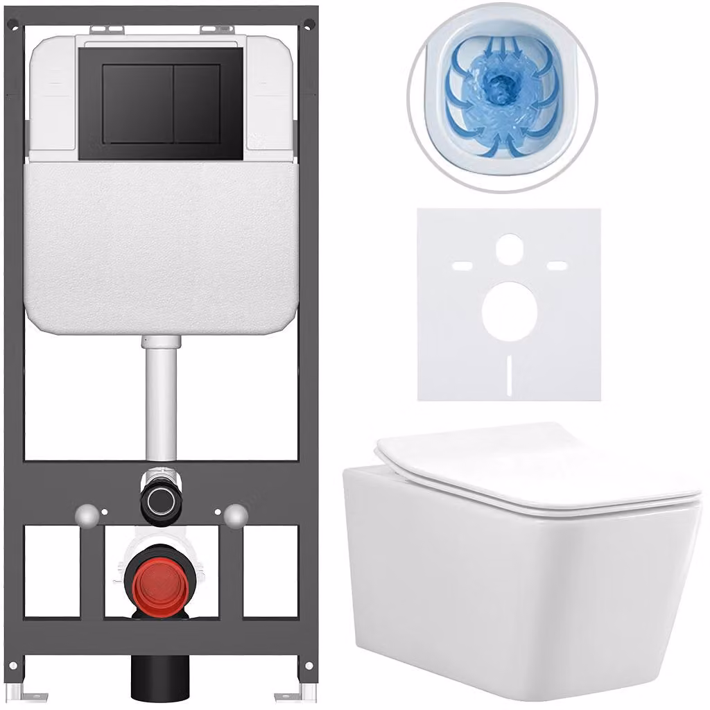 CERANO - Set WC da incasso Forte - bianco lucido - pulsante Prime/Maxio, nero - sospeso - installazione pre-parete/cartongesso - 51x36 cm
