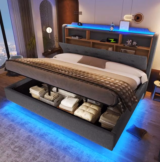 Letto matrimoniale MODFU imbottito in tessuto grigio con contenitore idraulico, illuminazione LED sottostante, porta USB e mensola laterale, L/P: 180 x 200 cm