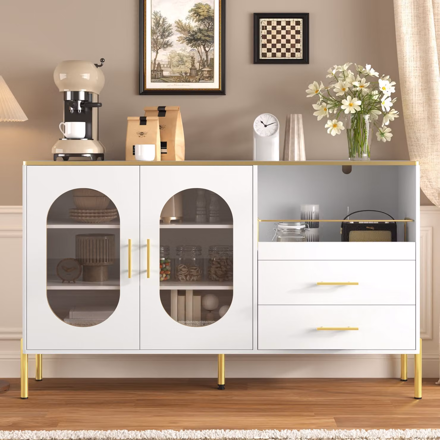 Credenza moderna GL Store con 2 cassetti e 2 ante in vetro, finitura bianca e dettagli oro, L 140 cm x P 38 cm x H 90 cm – 2