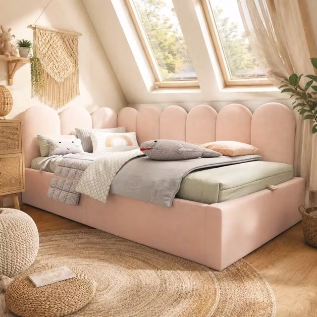 Letto daybed 90x200 cm in velluto rosa con contenitore idraulico e rete in metallo