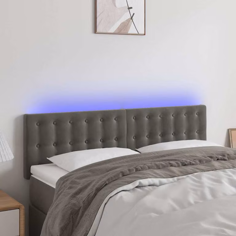 Testiera con LED e porta USB vidaXL in velluto grigio, L: 144 cm, P: 5 cm, H: 78-88 cm