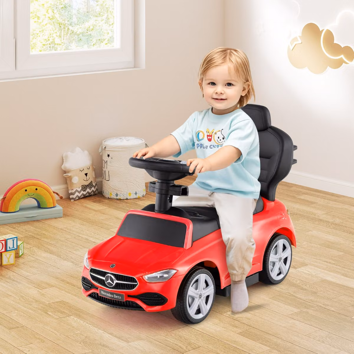 Auto a spinta 3 in 1 Mercedes-Benz ufficiale Costway con schienale regolabile, Rosso