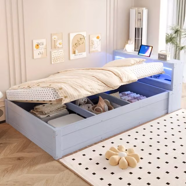 Letto singolo 90x200 cm con contenitore idraulico; presa integrata e luci LED; grigio