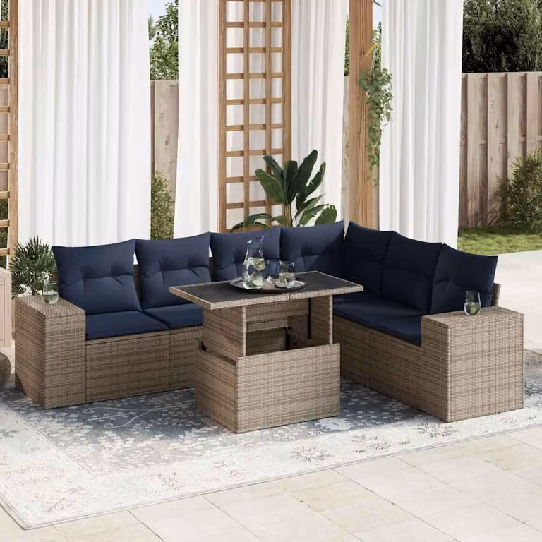 Set di divani da giardino vidaXL in polyrattan grigio con cuscini, tavolino e pouf, design moderno a L per esterno