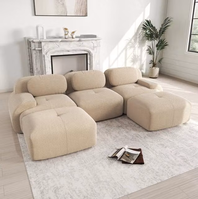 Divano angolare modulare senza telaio in velluto a coste con base antiscivolo; beige