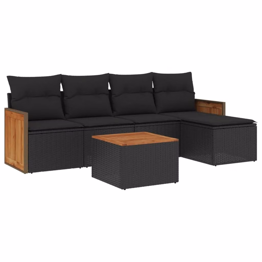 Set Divano da Giardino 6 pz con Cuscini Nero in Polyrattan