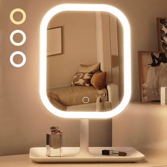 Specchio da trucco con illuminazione a LED, portatile, da viaggio, ribaltabile, 3 livelli di luminosità, touchscreen, ricaricabile tramite USB