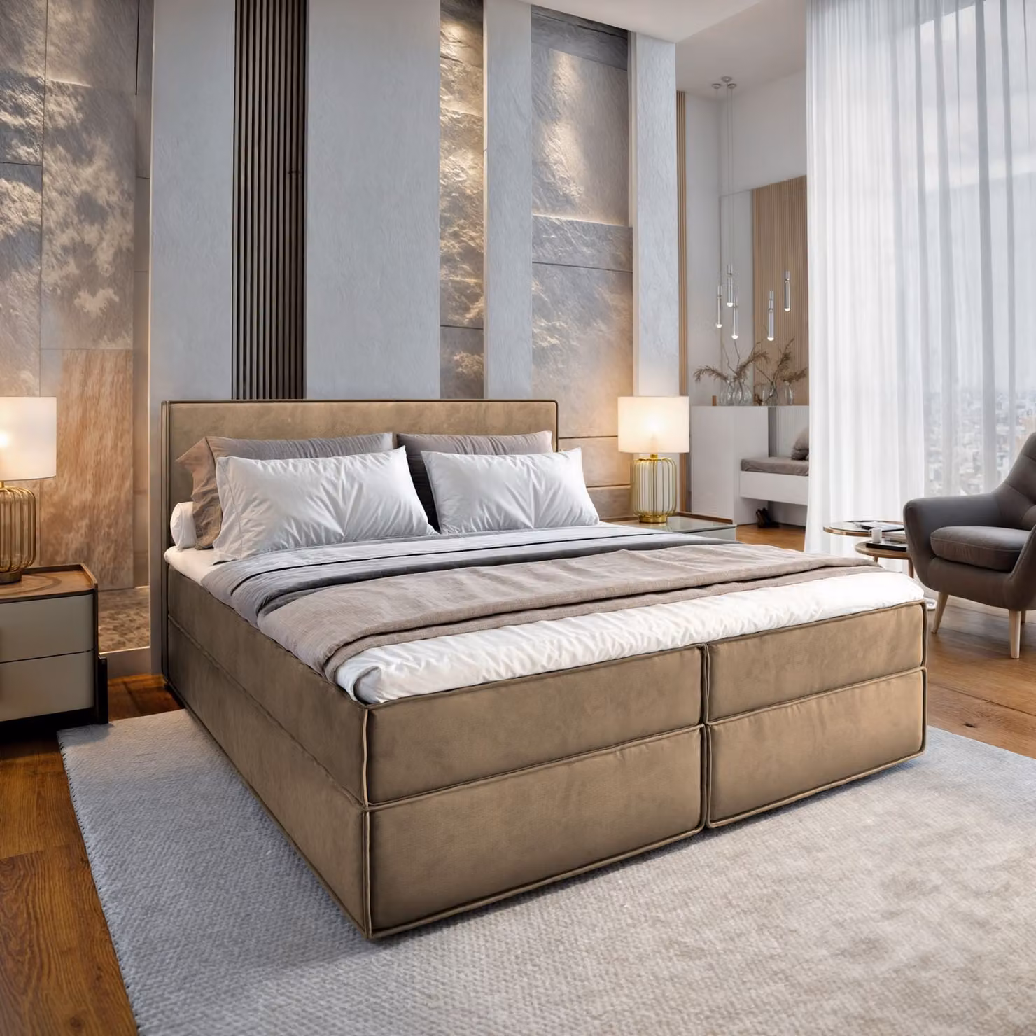 Letto a molle Masseno PELLIO 160x200 cm completo di materasso e topper Bonell, letto imbottito con cassettiera -Beige, MONOLITH 09