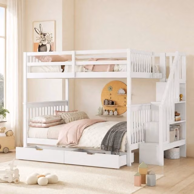 Letto a castello 140x200 cm bianco con scala contenitore e 2 cassetti