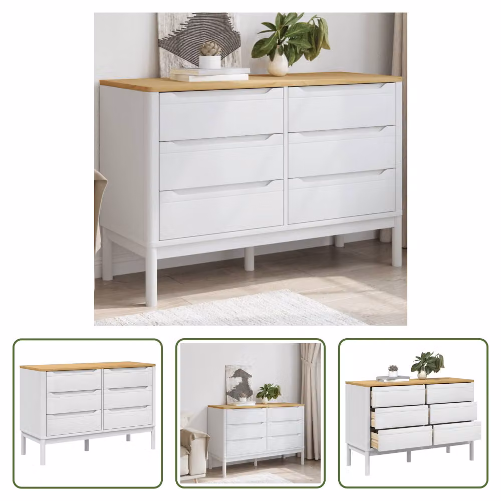The Living Store Cassettiera FLORO in pino massiccio bianco