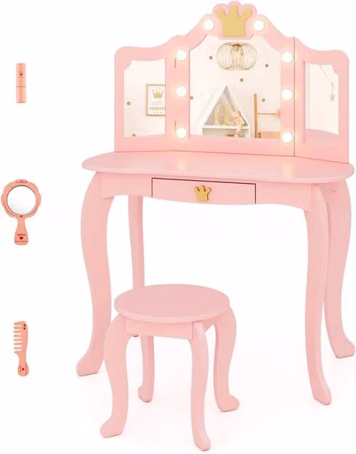 Set Toeletta Trucco Costway per Bambina con Sgabello, Tavolo con Triplo Specchio e Luci LED, Postazione con Cassetto in MDF e Plastica, Rosa e Bianco