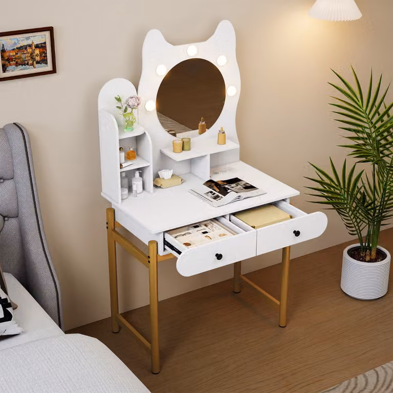 Toeletta Costway a forma di gattino con specchio Hollywood LED e stazione di ricarica integrata, Bianco