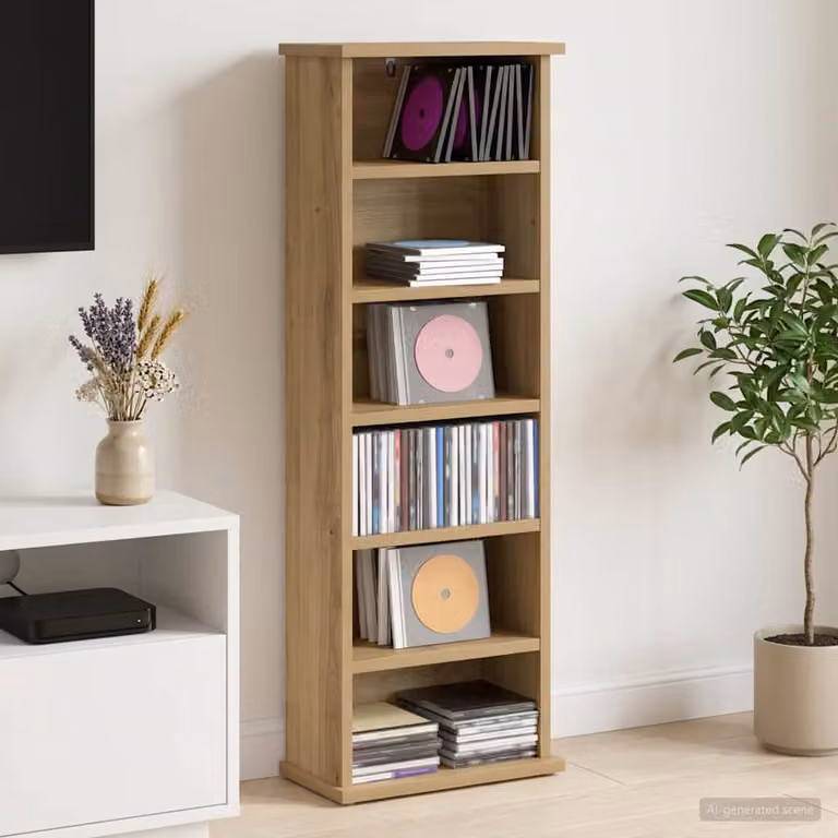 Mobile per CD e media vidaXL in legno color rovere marrone con ripiani regolabili L: 60 cm, P: 17 cm, H: 92 cm