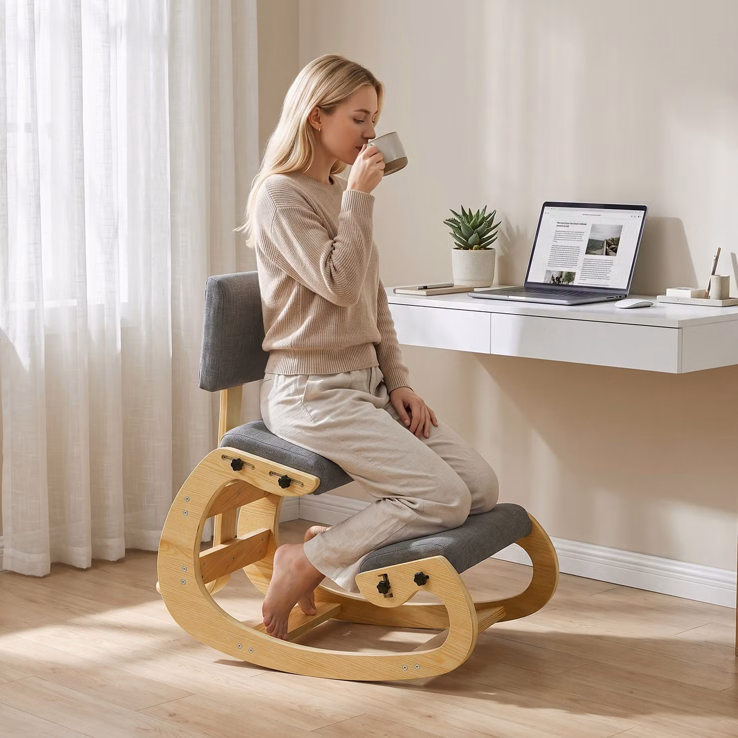 Sedia ergonomica da ufficio e casa HOMCOM in tessuto effetto lino e legno di betulla, Grigio – 2