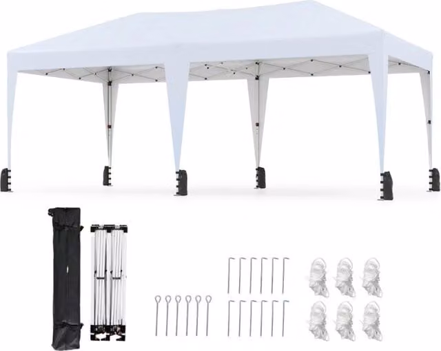 Gazebo pop-up portatile da esterno con borsa con ruote per campeggio 12 picchetti, Tenda pieghevole 590x300 cm Bianco-Gazebo