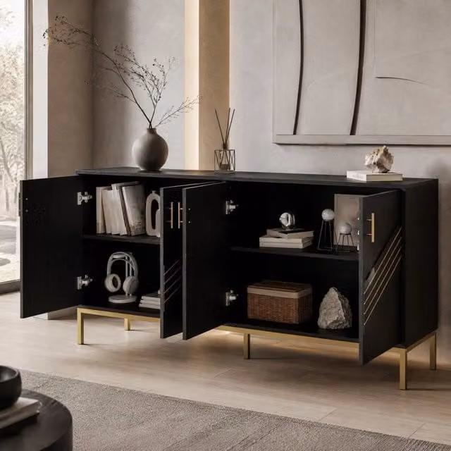 Sideboard moderno a 4 ante in MDF nero con dettagli oro e finitura opaca L: 160 cm, P: 40 cm, H: 80,5 cm