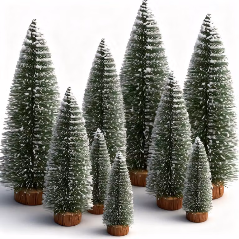 Set di mini alberelli di Natale decorativi, composto da 9 pezzi, disponibili nelle dimensioni di 10/15/20 cm, con effetto neve, ideali per le decorazioni natalizie