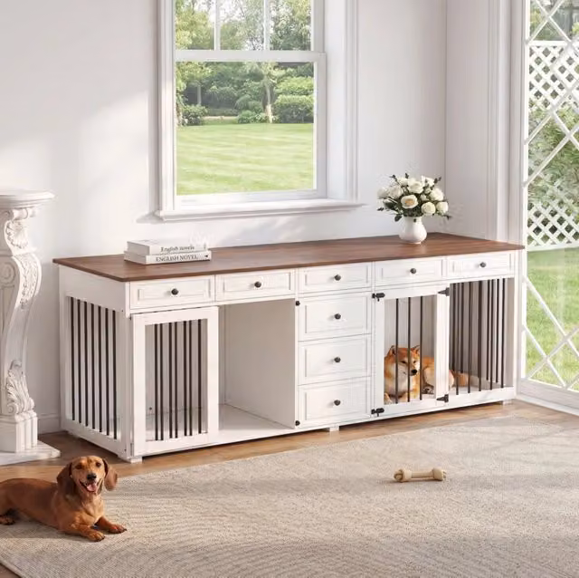 Mobile gabbia per cani con 8 cassetti, bianco e noce