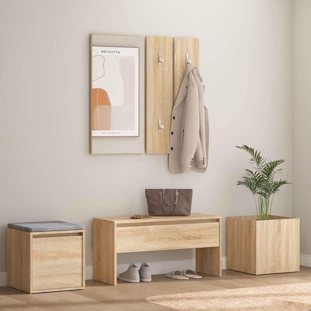 vidaXL Set di Mobili da Corridoio Moderno in Legno Multistrato, Colore Marrone e Beige, con Panca, Specchio, Pannello e Fioriera