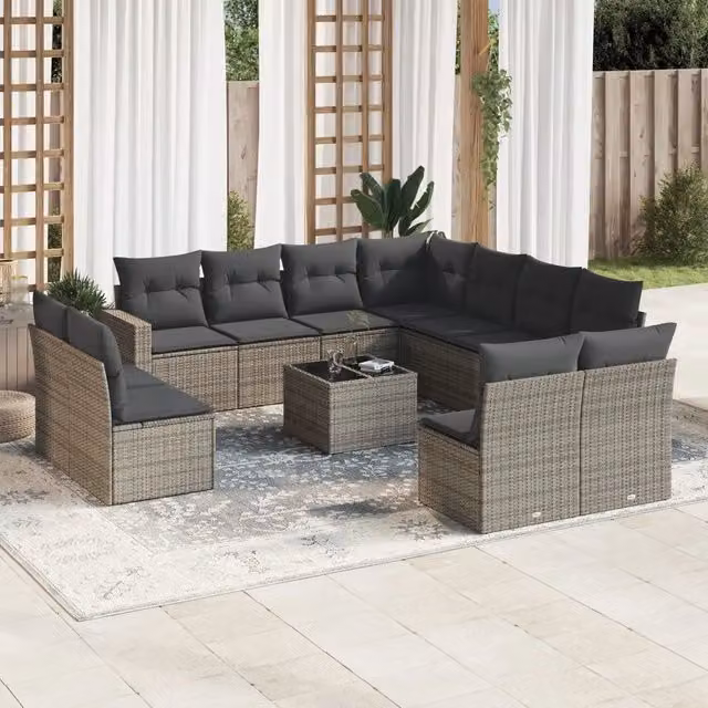 Set di divani da giardino a forma di U VIDAXL in polyrattan grigio con cuscini, 12 pezzi – 1