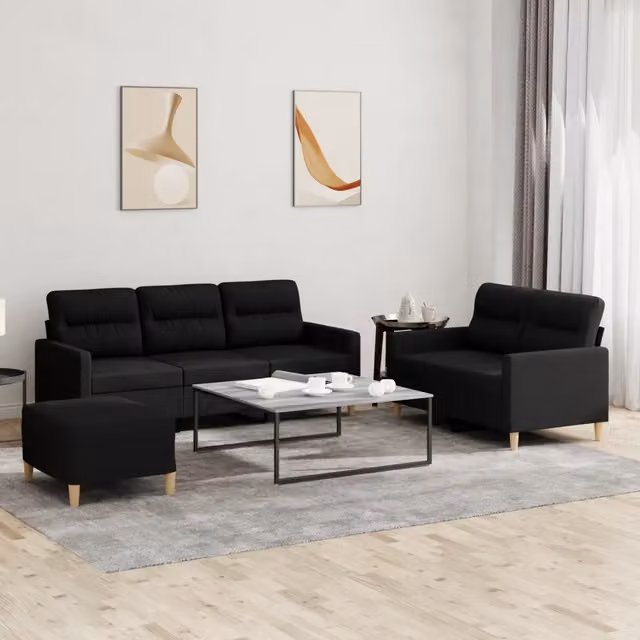 vidaXL Set di Divani Moderno in Tessuto Nero con Pouf e Cuscini per Soggiorno – 1