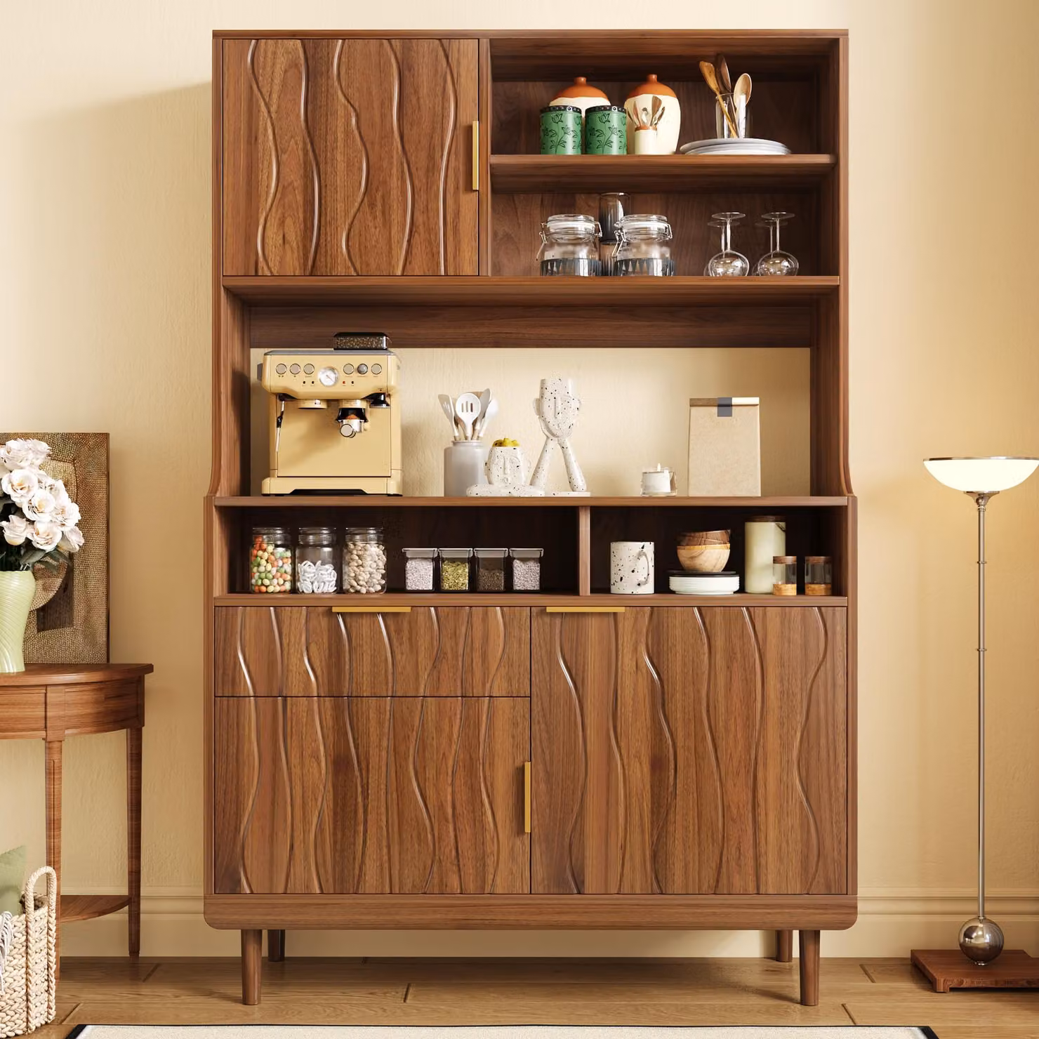 Mobiletto alto per cucina Merax, con cassetto e ante, credenza con ripiani aperti, frontale sagomato, dispensa con gambe in legno, noce