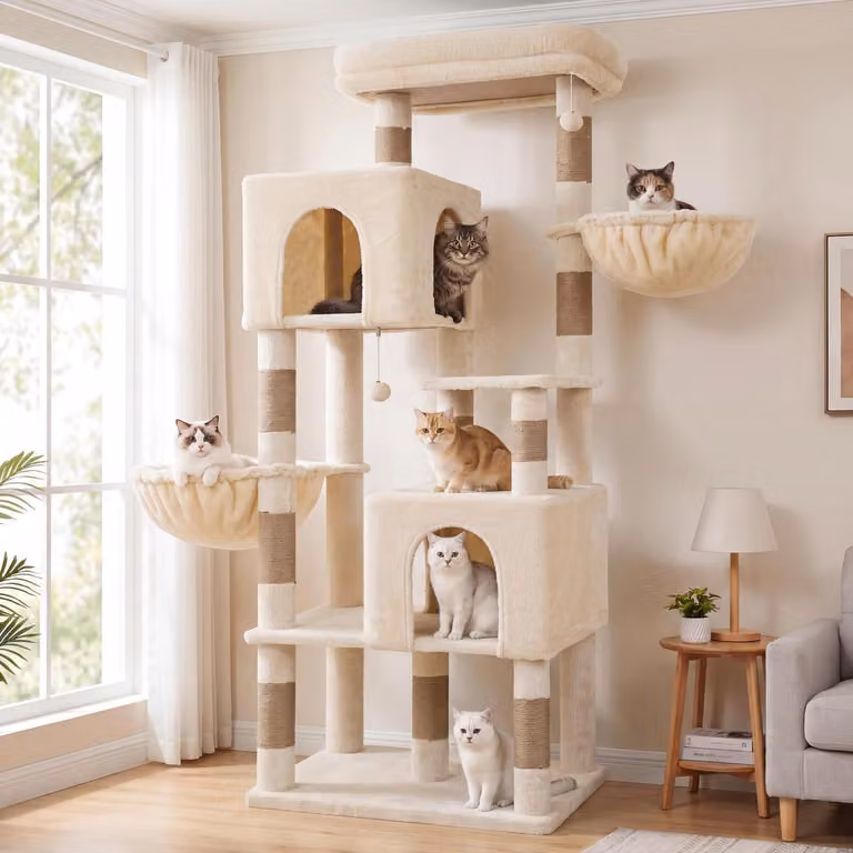Albero per gatti Kratzbaum, altezza 173 cm, colore beige, ideale per gatti domestici, con 10 pilastri in sisal per grattare