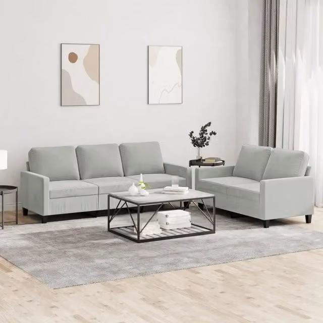 Set di divani vidaXL in velluto grigio composto da un divano a 2 posti e un divano a 3 posti con cuscini coordinati per il tuo soggiorno moderno