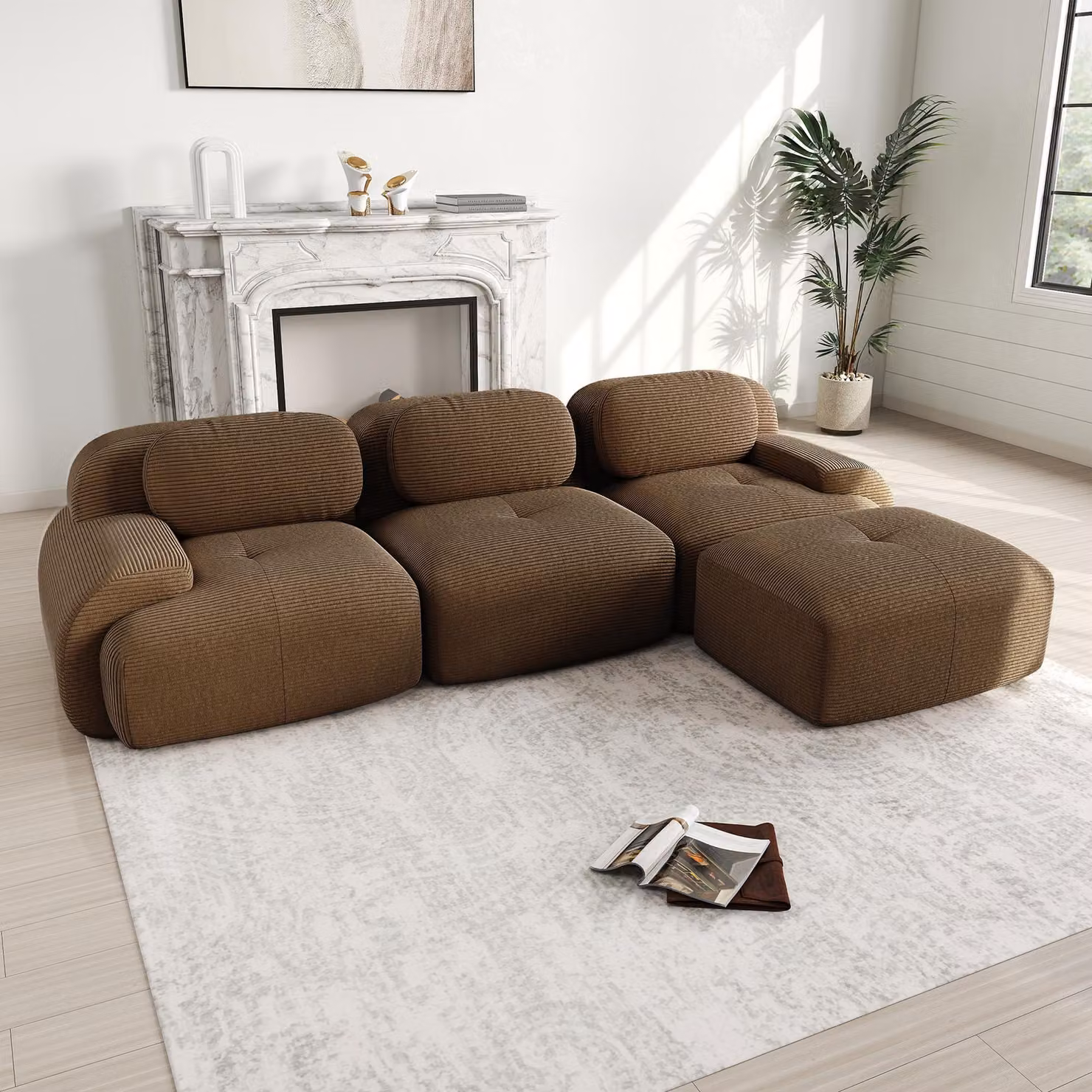 Divano angolare modulare, senza necessità di montaggio, struttura invisibile, imbottitura in Cord e schiuma 32D, braccioli extra-largi, adatto agli animali domestici (marrone)