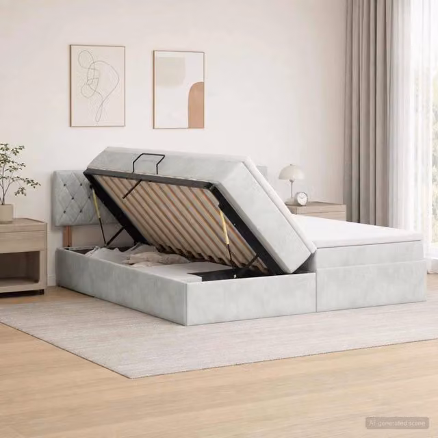 Letto con contenitore e testiera vidaXL in tessuto grigio e bianco, L/P/H: 200 x 200 x 88 cm – 1