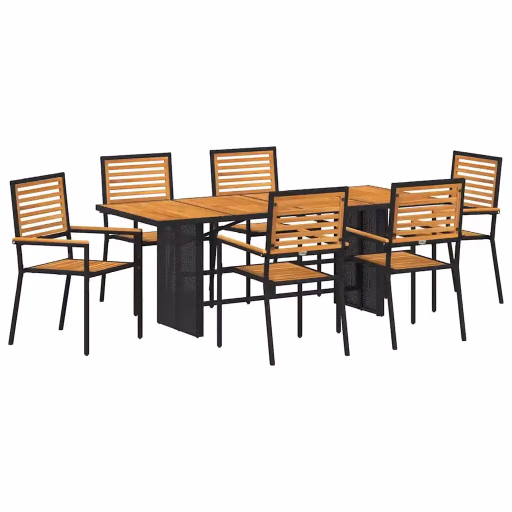 Set da pranzo per giardino e terrazza vidaXL in 7 pezzi in polyrattan nero e marrone con piano in legno di acacia – 2